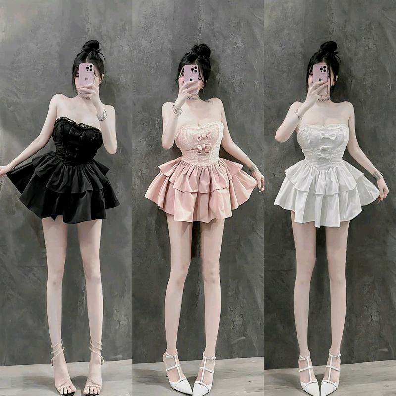 Đầm nữ cúp ngực tầng xoè đính nơ kèm quần váy xinh đi chơi đầm đi đám tiệc Women Dress Voan Kim tuyến