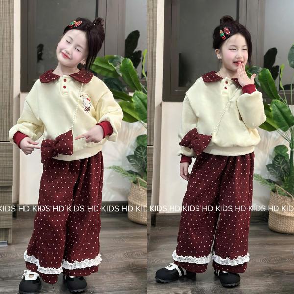   HĐ Kids  T70 Set Áo Nỉ Polo Kèm Quần Chấm Bi Phối Ren Phụ Kiện Cho Bé Gái Từ 13-27KG 