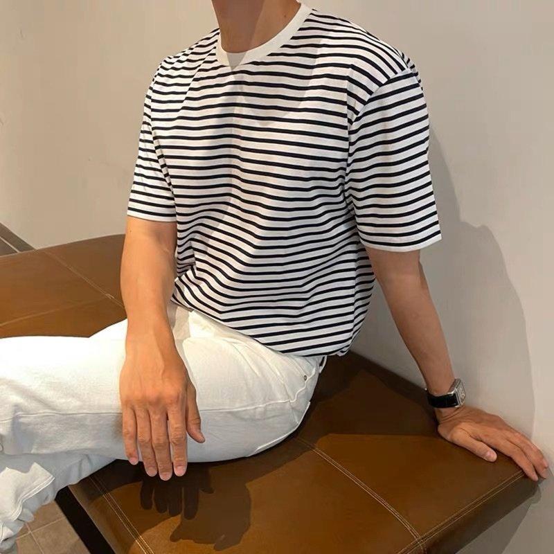 Áo thun kẻ sọc nam nữ tay lỡ form rộng phong các Hàn Quốc