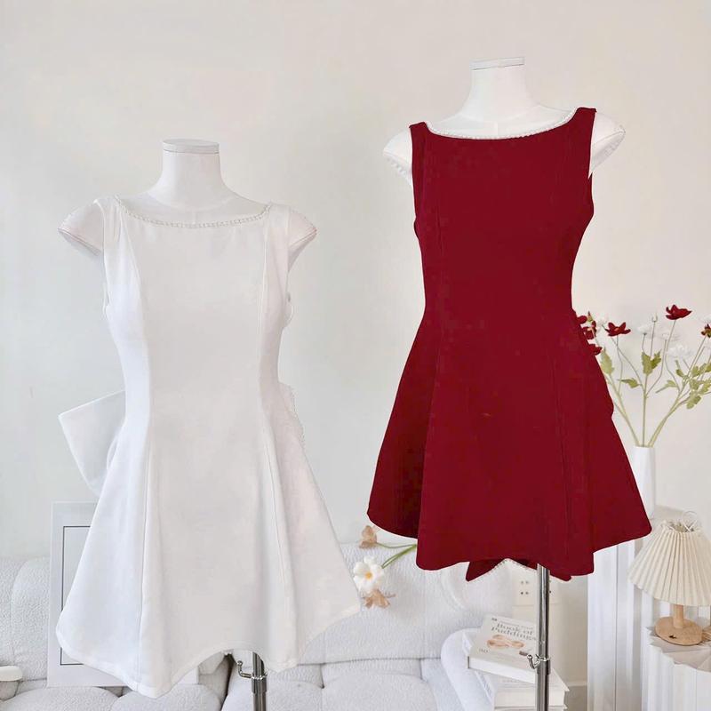 Product Introduction of ( Sam’s Clothing ) Đầm nữ hở lưng đính nơ to viền dây ngọc dáng ngắn xinh xắn Women 15