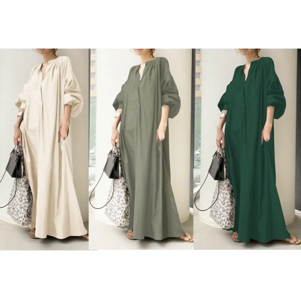 Temperament Commuter Net Color Cotton Linen Loose Lantern Sleeve Loose Hem Dresses