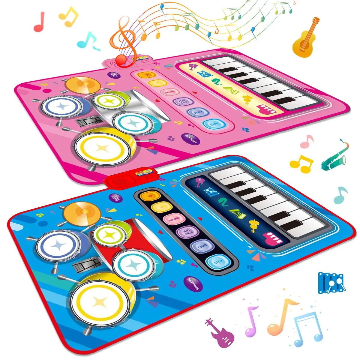 2 in 1 Piano Mat for Kids, 1 Count Music Sensory Play Mat, Piano Keyboard & Jazz Drum Music Touch Play Carpet with 2 Sticks for Teenager Toddlers