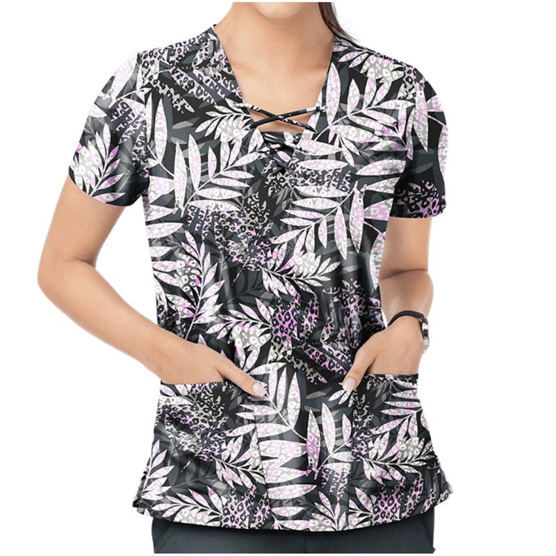 Product Introduction of Women Print Nurse Uniform Plus Size Summer Short Sleeve V-neck Tops Nursing Working Uniform T-shirts Clinic Protective Clothing 11