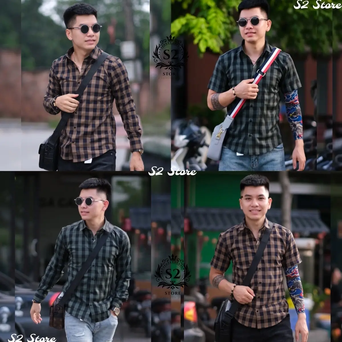 Áo Sơ Mi Sọc Caro Xanh Vàng Vải Lụa Mềm Mịn Nam Menswear Shirt Cổ Tròn Kem Có Cổ Kate