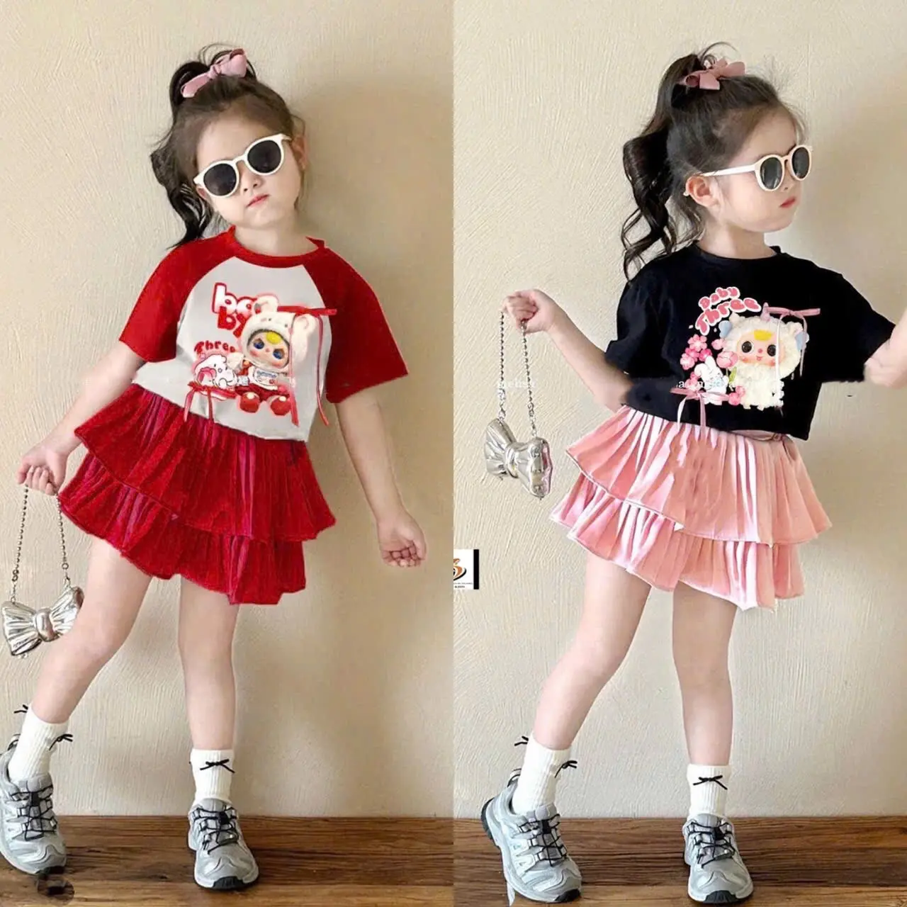 Sét áo cotton in hình Baby Three  kèm váy dập ly cho bé Gái đủ sz 8-35kg Kem