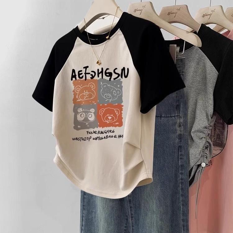 Áo Thun Ngắn Tay Raglan, Áo Ngắn Cổ Điển Mỹ Bất Đối Xứng Thiết Kế Dễ Phối Đồ Mùa Hè Dáng Ôm Xếp Ly Cho Nữ, 2024 Top Women Cổ Tròn 1