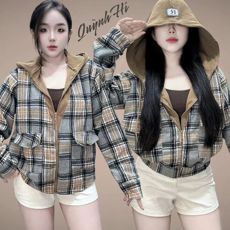 QH | Áo Khoác Nỉ Dạ Caro Flannel Phối Nón Thun Gân, 2 Kiểu Trẻ Trung Năng Động by Quỳnh Hí store