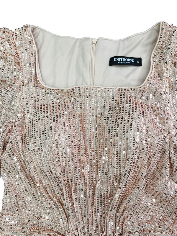 Women's Glitter Sequin Ruched Mermaid Evening Dress, Chic Elegant Puff Sleeve Square Neck Party Gown, Dresses for Women, Ladies' Clothes for All Seasons, Wedding Guest Dresses, Womenswear 6