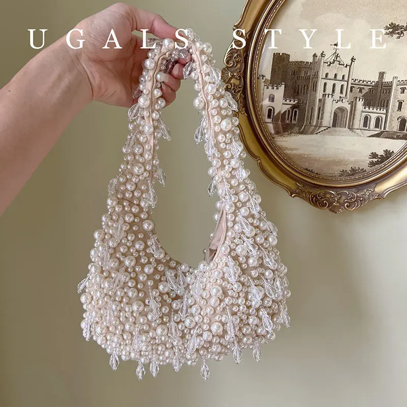 Ugals Trang xã hội Trung Quốc mới Hạt dệt tay Ngọc trai Dung tích lớn Tote Tiệc lưỡi liềm Túi xách dưới cánh tay 3