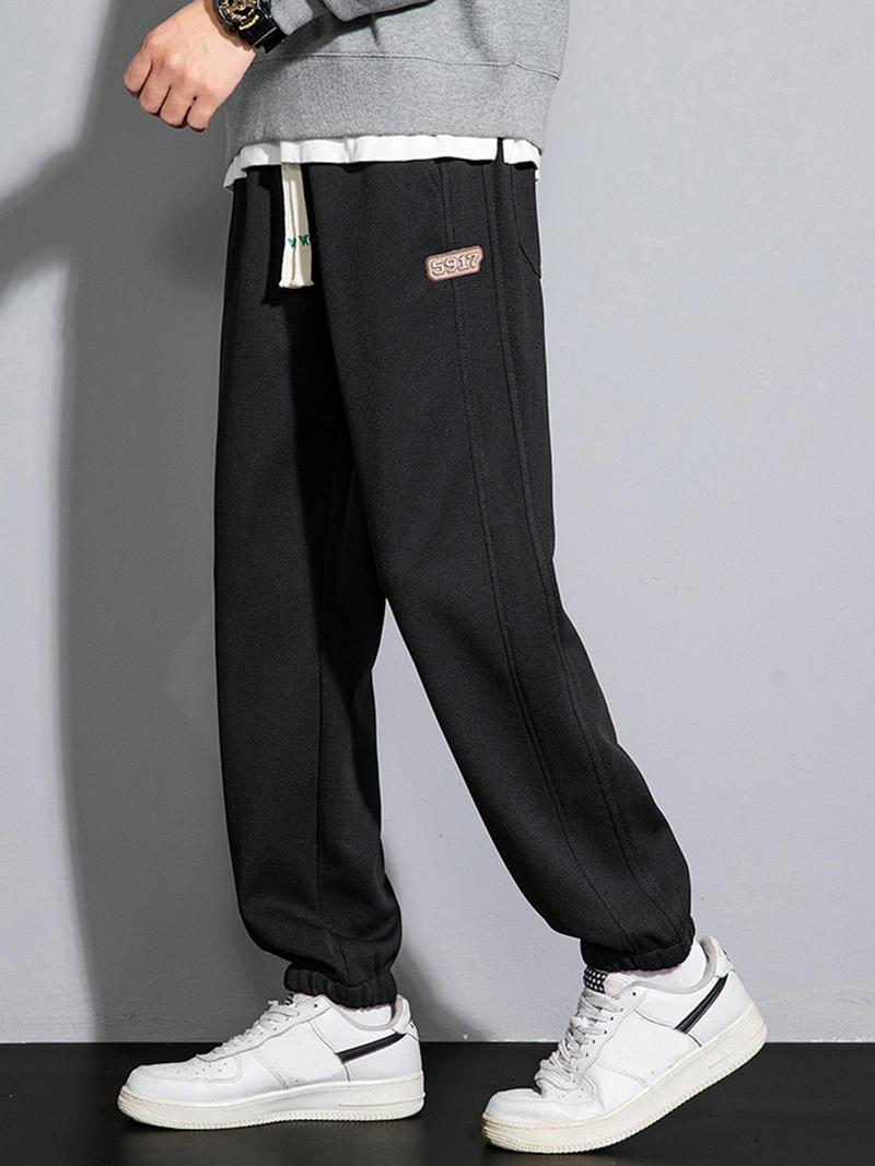 Product Introduction of Men's Solid Color Patched Drawstring Waist Thermal Lined Pants, Casual Comfy Regular Fit Elastic Waist Pocket Trousers for Daily Wear, Men's Bottoms for All Seasons 3