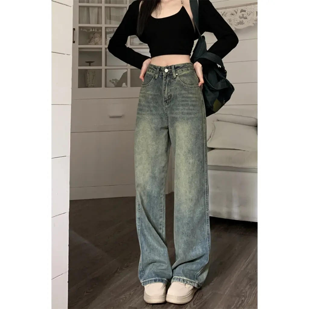 Quần Jean ống rộng lưng cao màu xanh cổ điển S28 Nữ Women Pants Denim