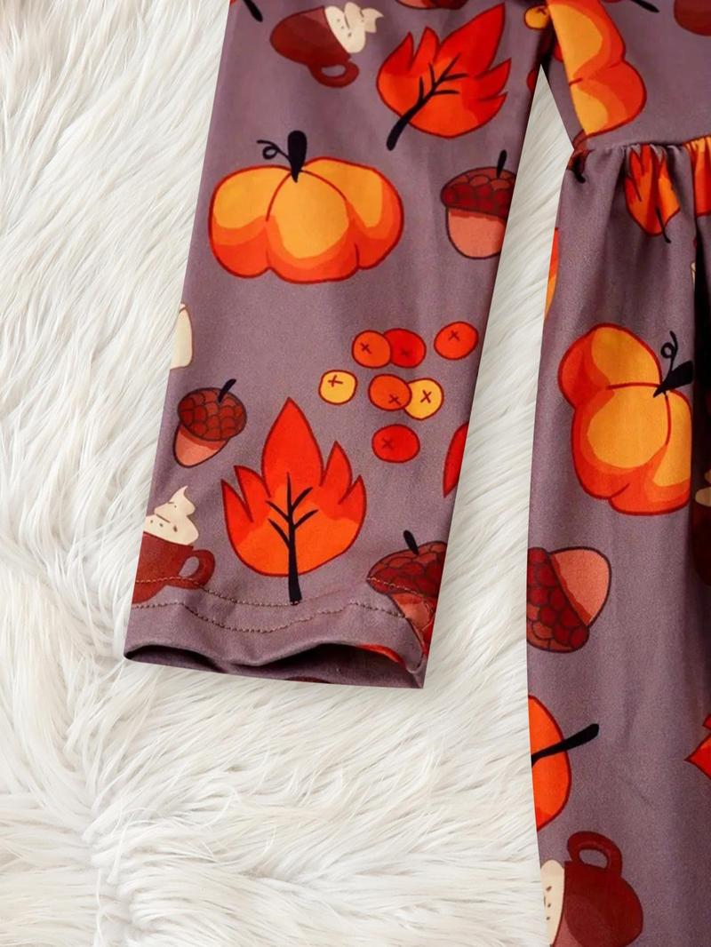Product Introduction of Toddler Girl's All Over Maple Leaf Print Dress, Casual Long Sleeve Dress for Spring & Fall, Kids Clothes for Daily Wear 3