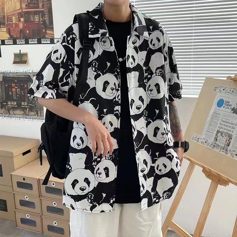 Áo Sơ Mi In Đầy Đủ, Thiết Kế Gấu Trúc, ngắn Tay Nam, Dáng Rộng Vừa Vặn, Phong Cách Hàn Quốc, Hợp Xu hướng, Phong Cách Hồng Kông Mới 2024, Áo Khoác Sơ Mi Cá Tính Nhật Bản 0