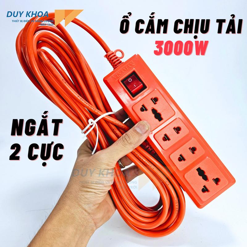 Ổ cắm điện chịu tải 3000W Vinamax với Công tắc ngắt 2 cực cùng Lò xo đẩy đàn hồi Ổ cắm thế hệ mới 4 lỗ đa năng - Dây 2,5m - 4,5m - 7,5m ổ  điện màu cam chịu tải cắm được chân dẹt