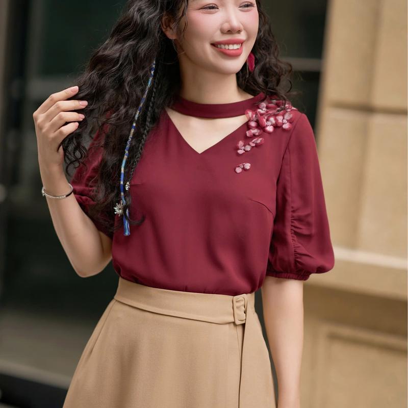 Áo lụa đỏ mận tay nhún SM653 -Hàng thiết kế HONG VIC. 3
