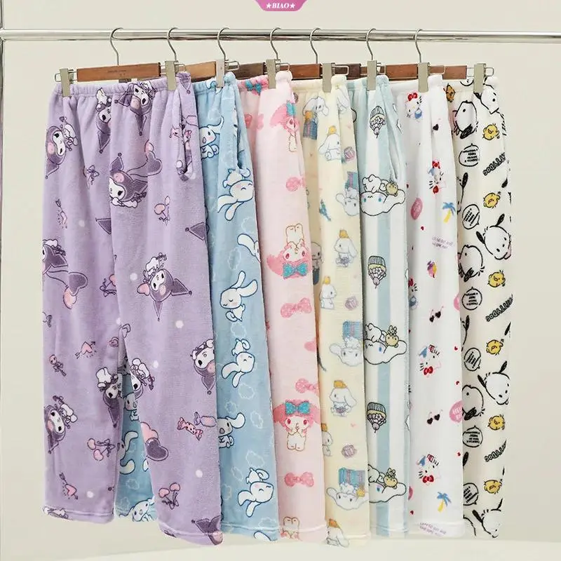 2025 New Cute Cartoon Kuromi Cinnamon Dog Pajamas Pants with Pockets Thickened Women's Autumn and Winter Warm Home Casual Pants