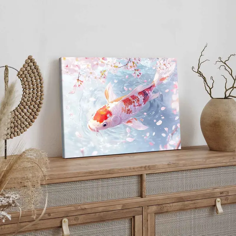 Koi Fish & Cherry Blossoms Pattern Canvas Painting with Frame, Modern Wall Art Painting, Wall Decor for Home Living Room Bedroom Office 4