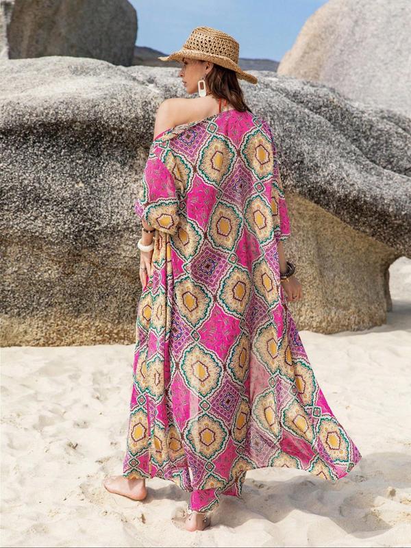 Two-Piece Set Women's Boho Summer Sets, Summer Clothes for Women, Co Ord Set Summer, Ethnic Pattern Kimono & Wide Leg Pants, Summer Outfits 2024, Open Front Top with Palazzo Pants, Two Piece Set Clothing 1