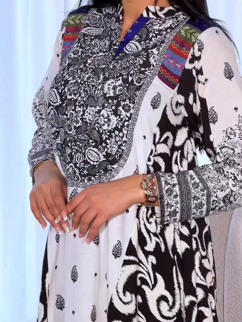 Product Introduction of Women's Ethnic Pattern Notched Neck Kaftan Dress, Boho Long Sleeve Maxi Dress for Beach Holiday Vacation, Ladies Clothes for All Seasons 4