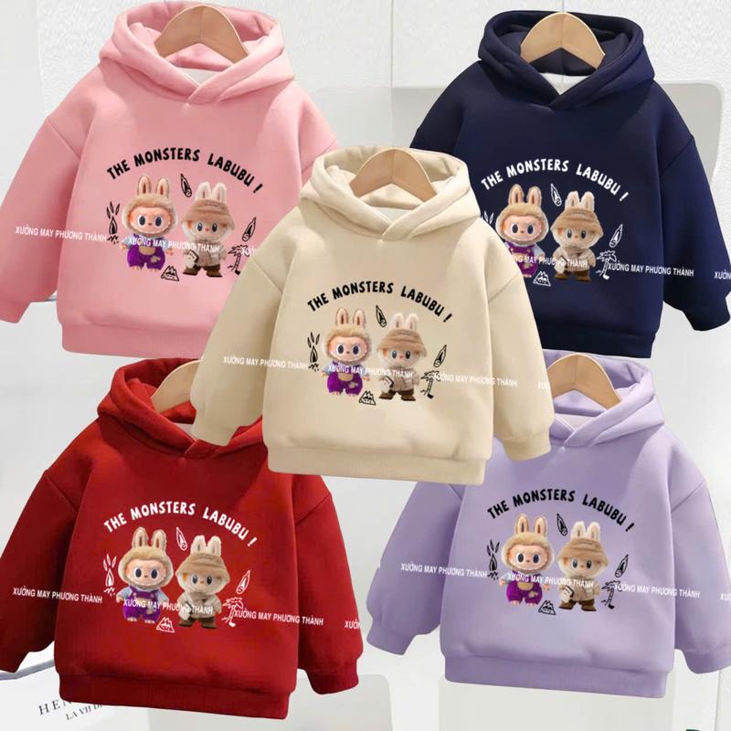 Áo nỉ hoodie LABUBU chất NỈ TÀU Áo nỉ có mũ cho bé trai bé  in nhiệt 5D chất nỉ bông size 14-40kg áo  hoodie 