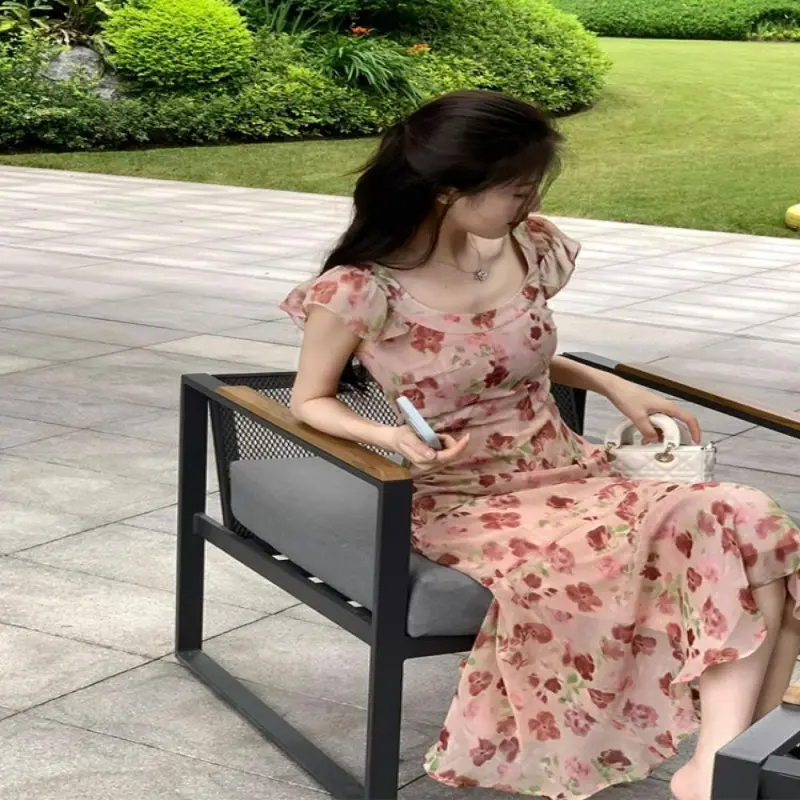 Summer French Style Fresh Slim Fit Dress Women's Fashion 2025 New Elegant Beach Vacation Floral Long Dress