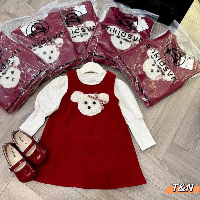 [ 10 - 20kg ] set váy Nhung 2 chi tiết kèm áo lông thỏ gấu đính nơ Hồng 4