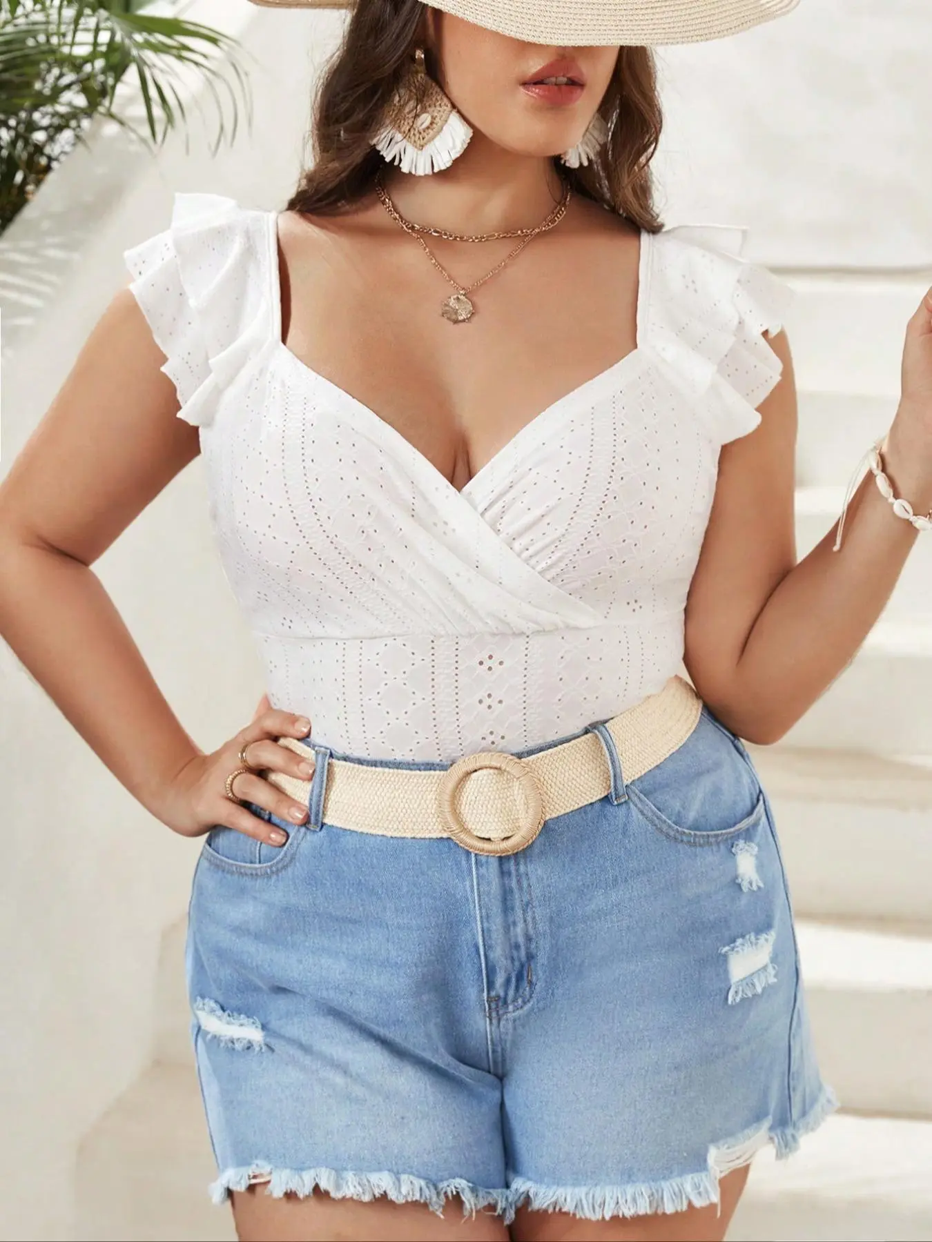 【Plus Size】 Solid Eyelet Embroidery Ruffle Trim Bodysuit, Casual Wrap Bodysuit for Summer, Women's Clothes for Daily Wear