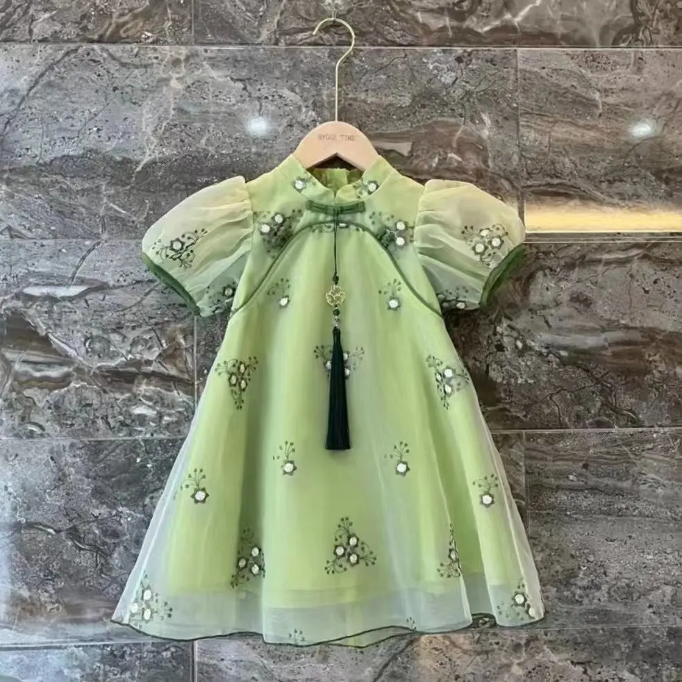 Váy Sườn Xám Mùa Hè, Cho Bé Gái, ngắn Tay, Váy Công Chúa Cổ Điển Váy Phong Cách Trung Quốc Cho Bé Váy Hanfu