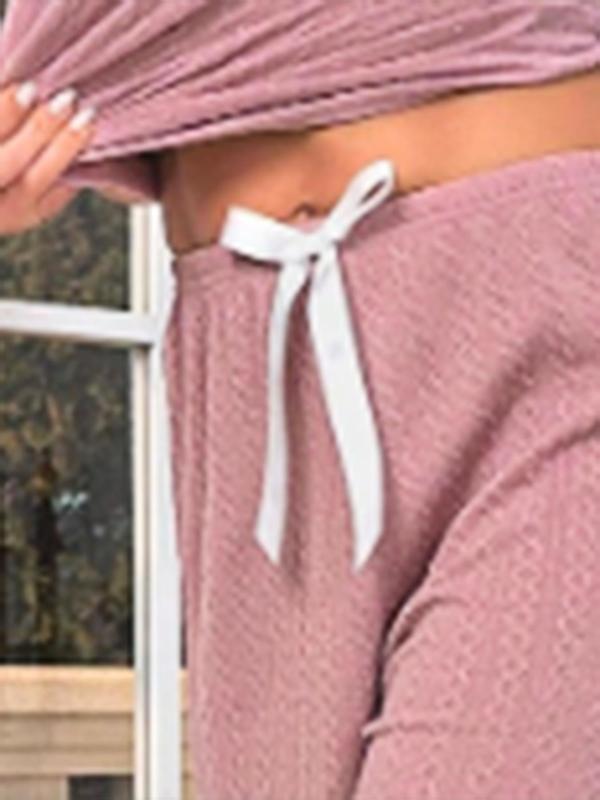 Women's Plain Round Neck Top & Elastic Waist Pants Matching Loungewear Set, Layered Sleeve Top & Bow Decor Trousers, Summer Clothes Women 6