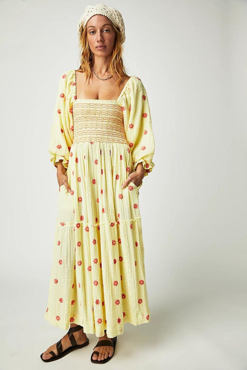 Product Introduction of Women's Floral Embroidery Frill Trim Shirred Flounce Sleeve Dress, Boho Fashion Long Sleeve Square Neck A Line Dress for Daily Holiday Vacation Wear, Ladies Dress for All Seasons, Dresses for Women, Spring Dress Casual Womenswear jaded london  dress 7