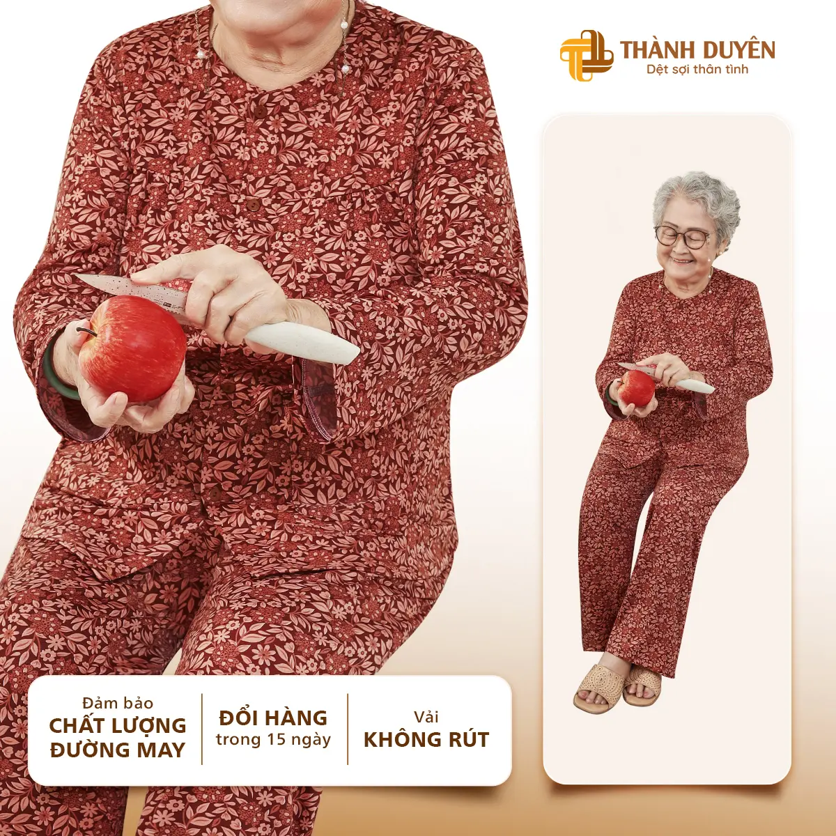 Đồ bộ Thun cao cấp bà mặc nhà Thành Duyên bông, tay dài có 2 túi áo, quần dài, không rút, thoáng mát- 9546TDD (07-24) Nữ Women