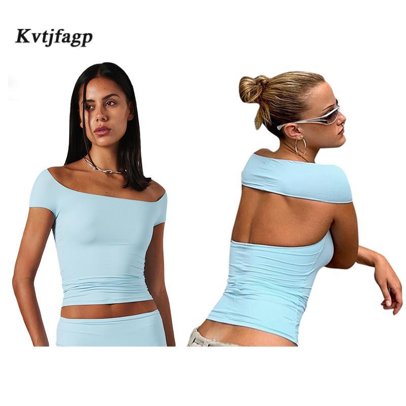 Product Introduction of Women Off Shoulder Tops Solid Color Boat Neck Backless T-Shirts SummerFit Casual Shirts Streetwear 33