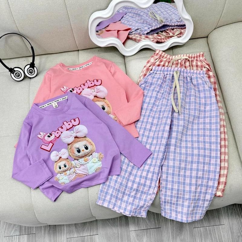 Combo 2 bộ dài tay quần kẻ sọc caro cho bé gái size 10-45kg hình in Labubu hot Cotton Vải Cotton set