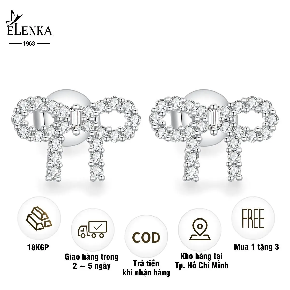 ELENKA - Bông tai mạ vàng 18K dáng nơ đính đá dễ thương phong cách Hàn Quốc   khuyên