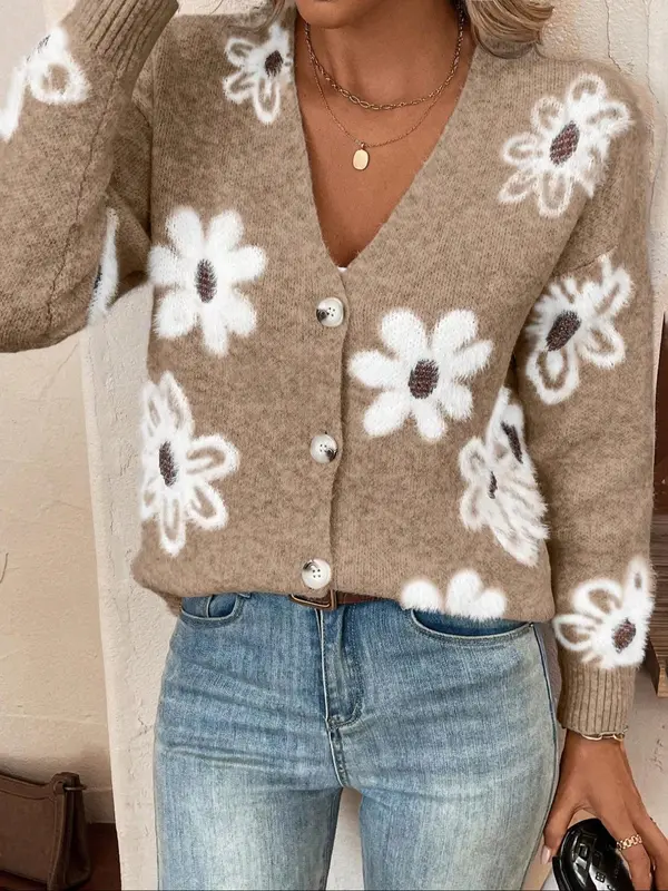 【Plus Size】 Floral Pattern Button Front Longsleeves Cardigan, Elegant Chic Casual Drop Shoulder V Neck Knitwear for Fall & Winter, Women's Plus Clothing for Daily Wear, Knitting Ladies Winter Coat, Womenswear 1