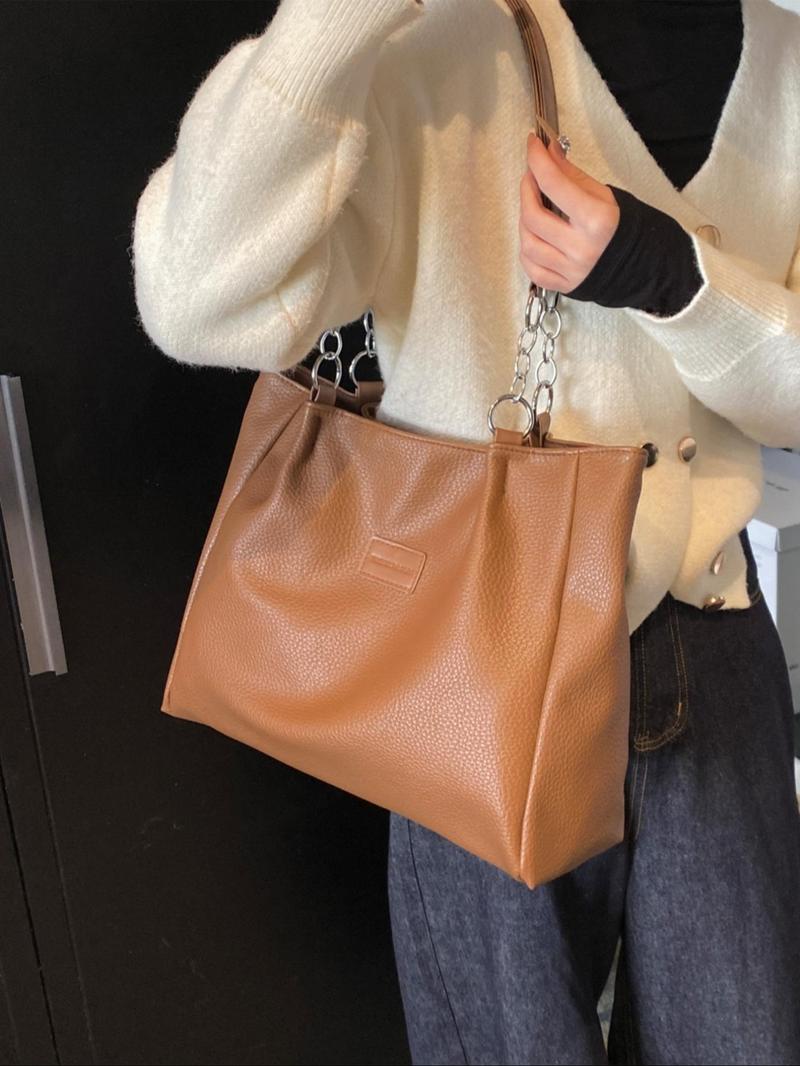 Product Introduction of Women's Fashionable Solid Color Tote Bag, Large Capacity Patched Shoulder Bag for Daily Used, Casual Trendy Versatile High-quality Daily Commuting Bag, Girl Fashionable Bag, Gifts for Girlfriend Travel Accessories 5