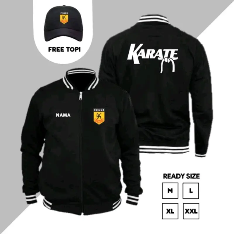 JAKET BASEBALL ZIPPER LOGO FORKI/ KARATE TERBARU FREE TOPI KEREN DAN NYAMAN DIPAKAI