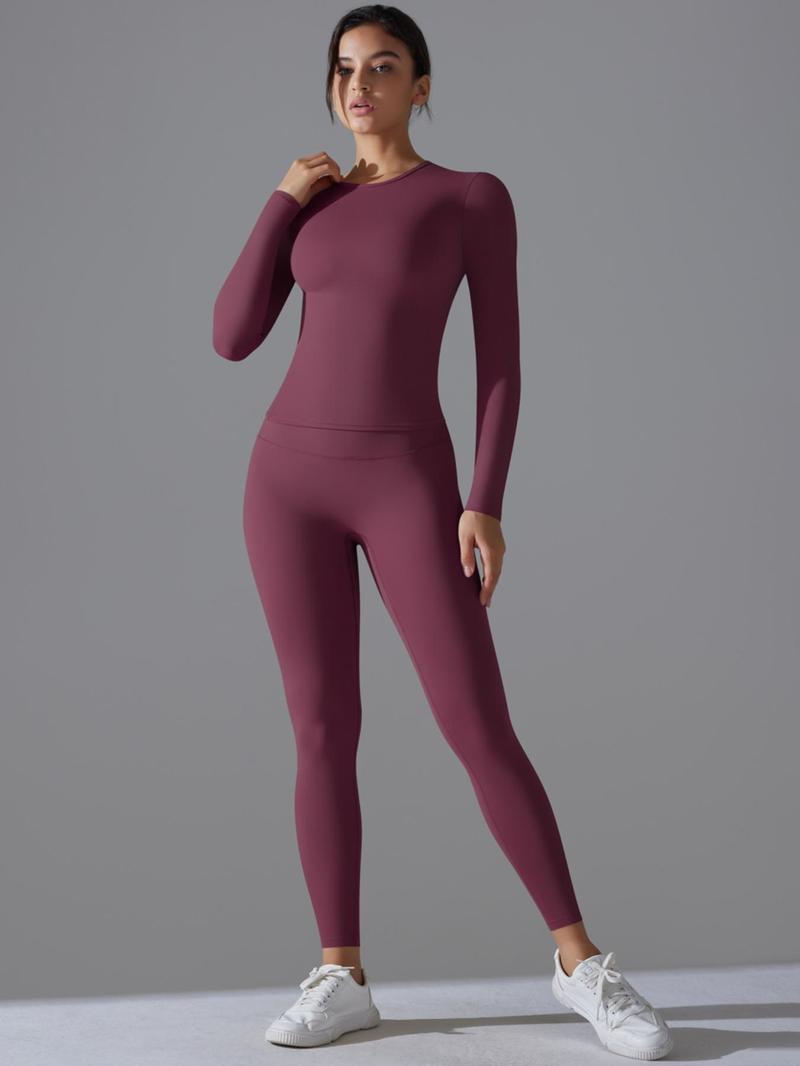 Product Introduction of Women's Solid Long Sleeve Tee & Leggings Sports Set, Sporty Casual Comfy Breathable Two-piece Outfits for Yoga Gym Workout Running Fitness, Ladies Sportswear for All Seasons, High Stretch Tracksuit 8