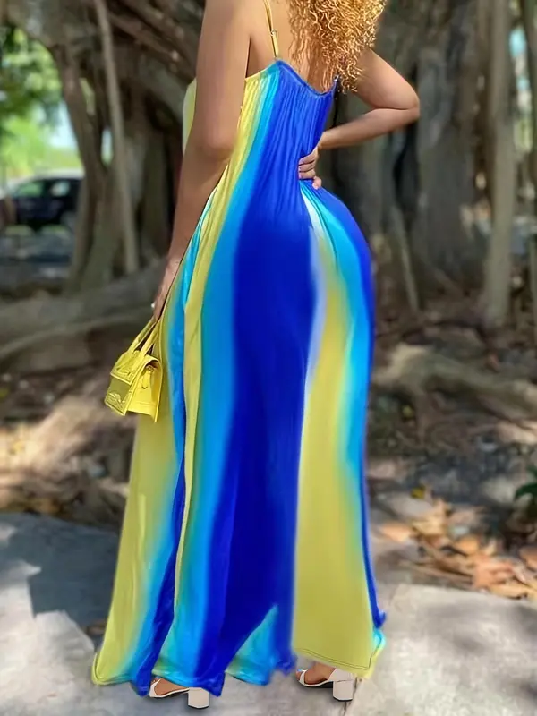 Plus Size Colorblock Backless Cami Dress, Casual Sleeveless Spaghetti Strap Long Dress for Summer, Women's Clothes for Beach Holiday 2
