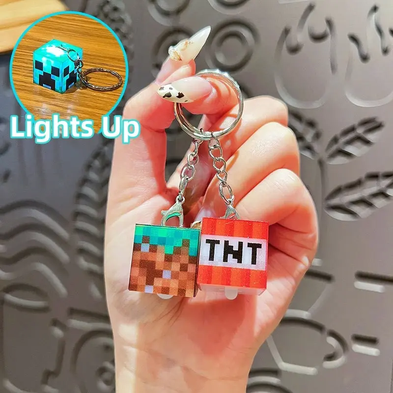 LED Light Creative Minecraft Square Keychain TNT lawn Lucky Creeper Figurine Model Pendant Schoolbag Gift