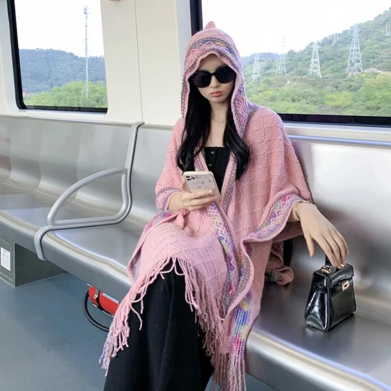 Khăn Choàng Cho Nữ, Mùa Thu Và Mùa Đông, Phong Cách Dân Tộc, Viền Cầu Vồng, Trang Trí Ngoài Trời, Khăn Choàng Có Mũ Trùm Đầu, Thích Hợp Cho Du Lịch Và Chụp Ảnh Ngoài Trời, Áo Choàng Ấm Áp Women Nhung Quàng Cổ Voi 6