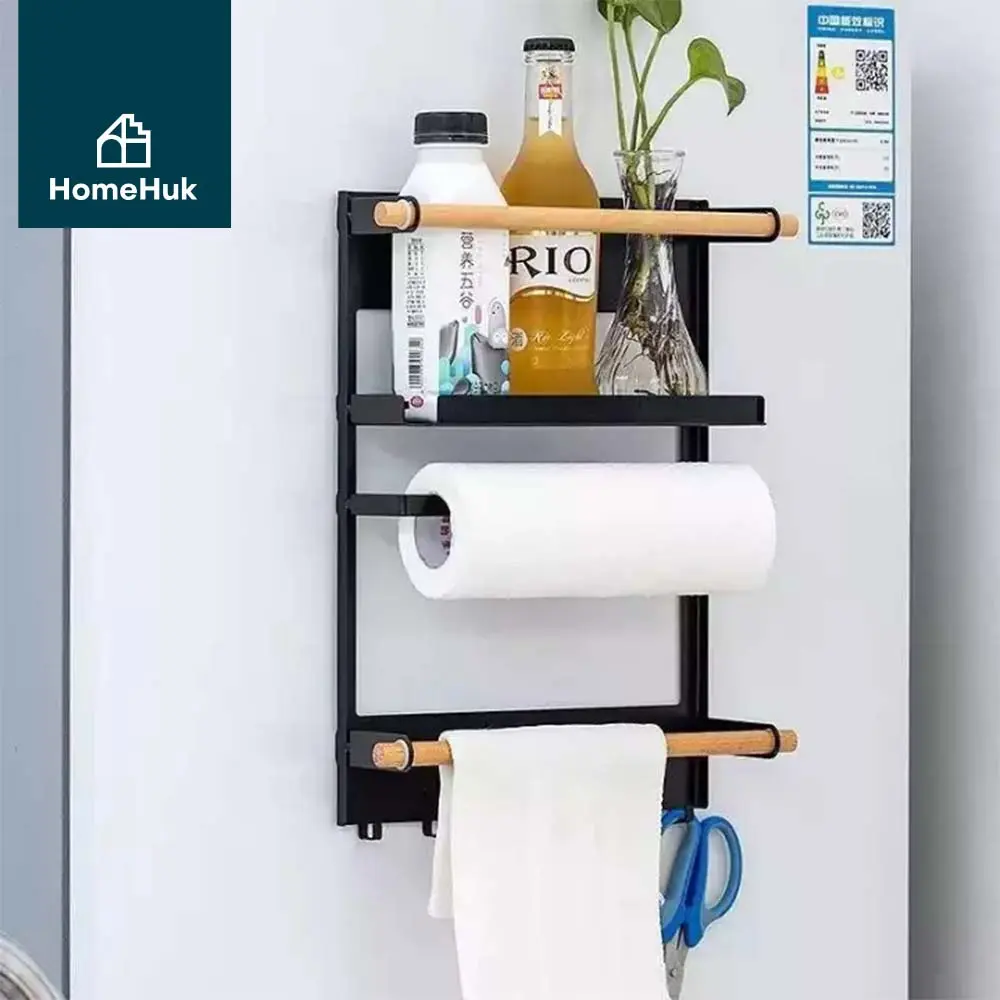 HomeHuk ชั้นวางของติดผนัง มีแม่เหล็กติดตู้เย็น พร้อมที่แขวนและตะขอ 6 ชิ้น (ไม่ต้องเจาะ) ชั้นวางของ ชั้นติดตู้เย็น ที่แขวนของเกาะข้างตู้เย็น ที่แขวนของในครัว ชั้นวางของในครัว ชั้นแม่เหล็กติดตู้เย็น ชั้นเก็บของแขวนได้ Iron Magnetic Fridge Spice Rack