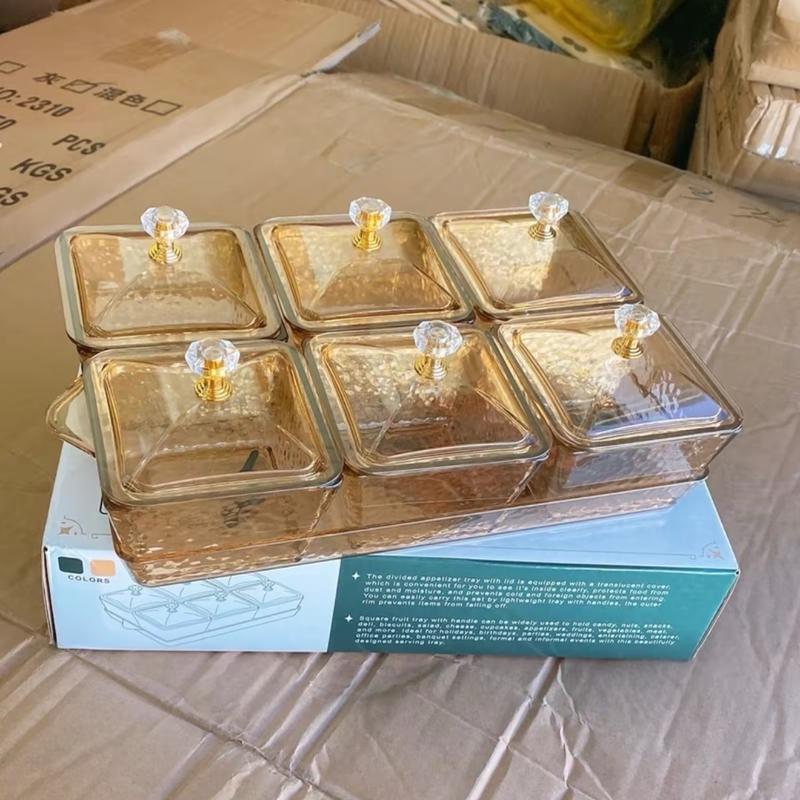 Khay Đựng Mứt 6 Ngăn Màu Vàng Hổ Phách , Hộp Đựng Bánh Kẹo Ngày Tết Chất Liệu Nhựa Đẹp Cao Cấp Tiện Ích