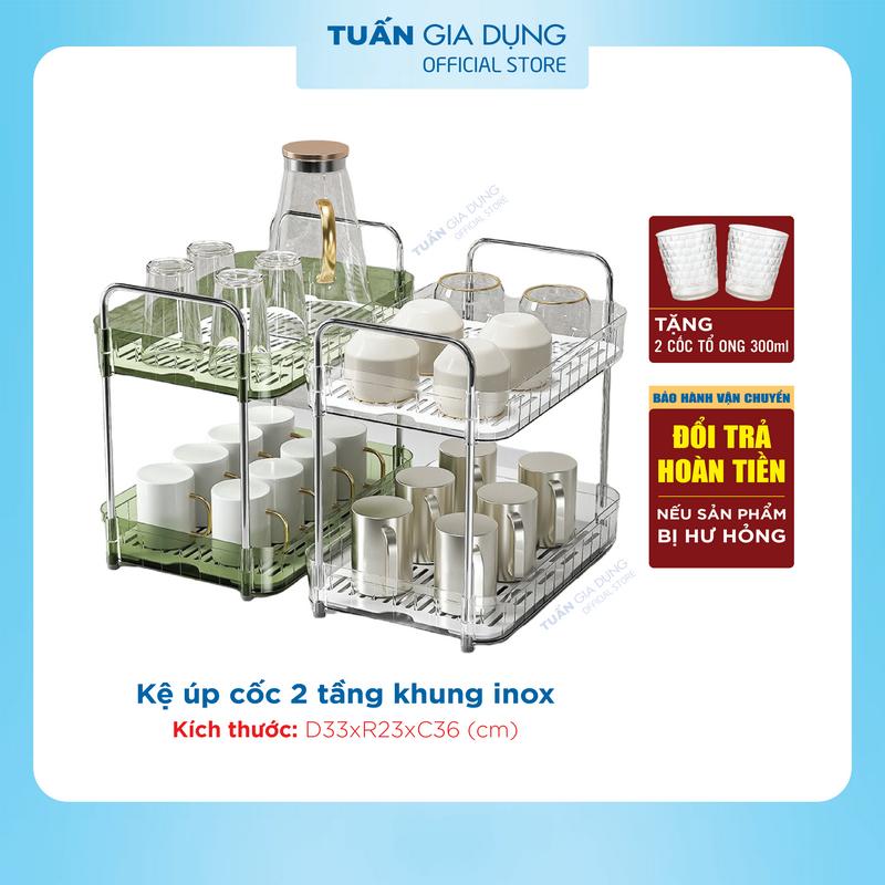 [TẶNG 2 CỐC TỔ ONG 300ml] Kệ úp cốc chén 2 tầng, khay trà,  khay 2 tầng đa năng cao cấp trong suốt khung inox 304, Kệ Kitchen Nhà Bếp (DM1996)