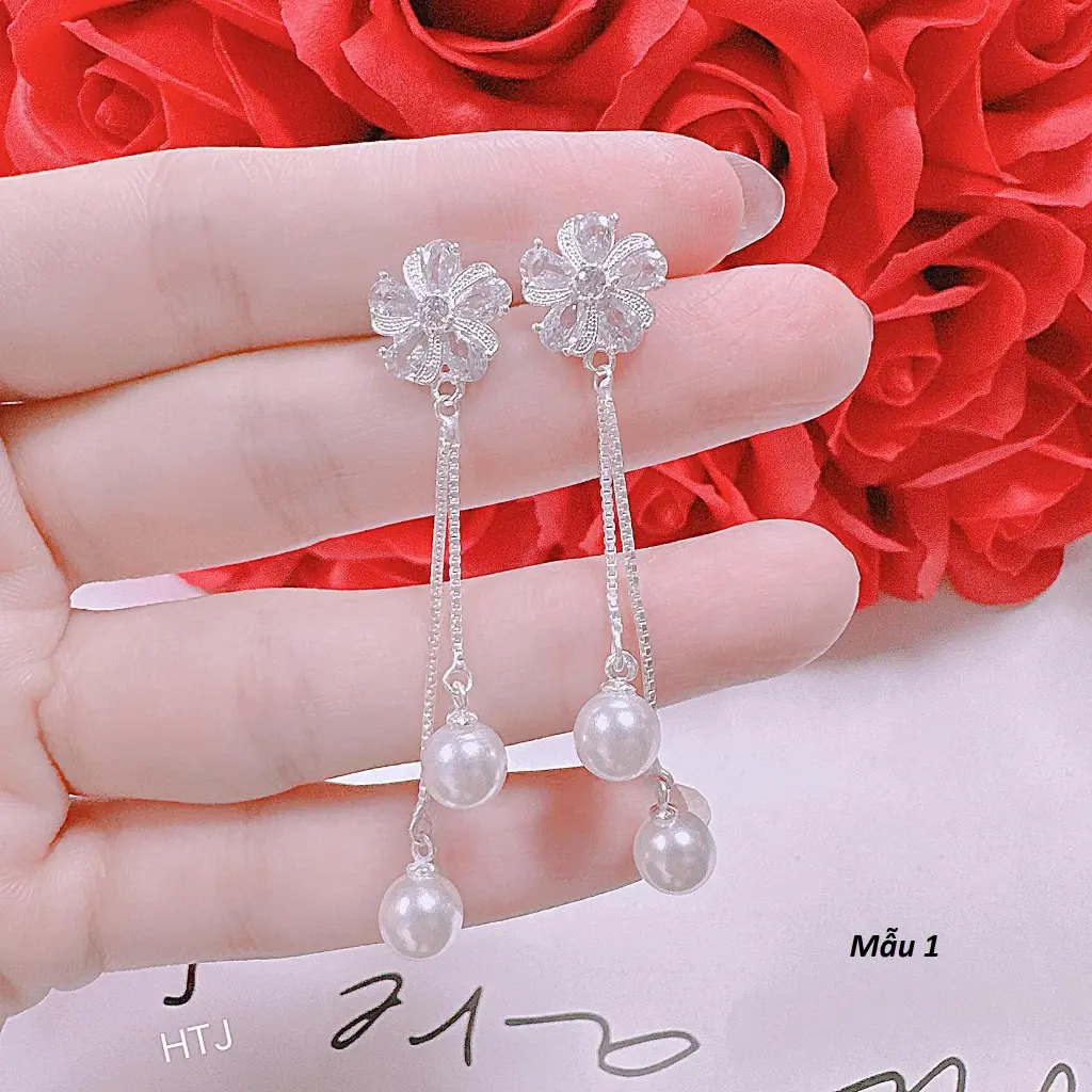 Bông tai bạc kiểu tua 2 sợi chất liệu bằng bạc s925 MS07d