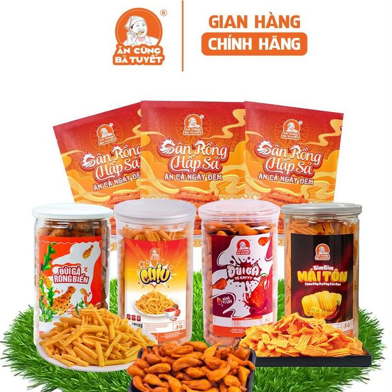 Combo LỆNH SÓNG ÂM: gồm 1 hũ chịu - 1 hũ đùi gà tê cay - 1 hũ đùi gà rong biển - 1 hũ bimbim mái tôn+ 3 gói gân rồng -ĂN CÙNG BÀ TUYẾT