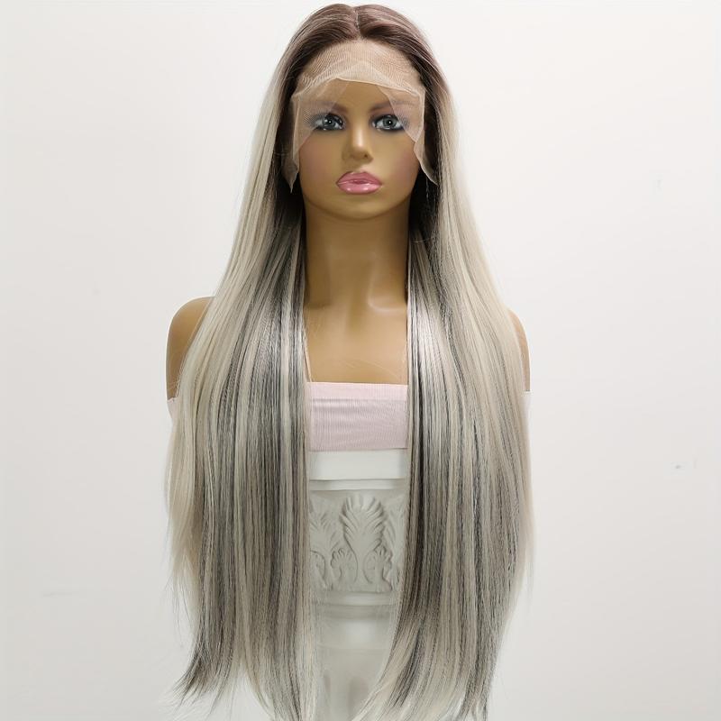 TikTok Shop 13x6 Lace Front Wig Natural Straight Hair Gray and Waist Length 180 Density Synthetic Fiber Wig Elegant Artistic Style Suitable for Party and Daily Wear Breathable and Comfortable Easy to