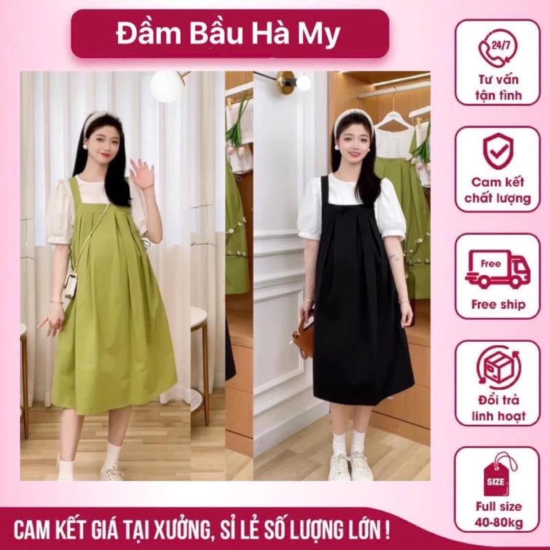 Yếm bầu cộc tay thiết kế kèm áo mặc đi chơi đi làm  - Váy Bầu Đầm Bầu Kem Voi Kem Voi