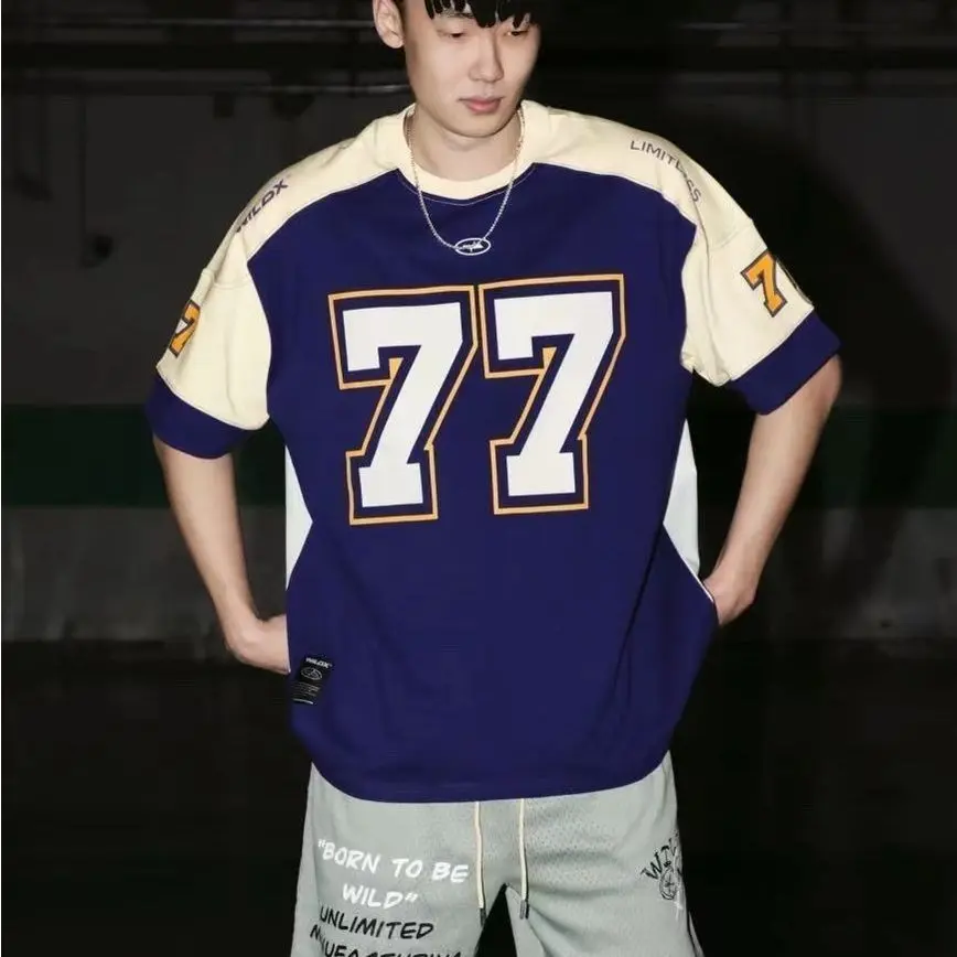77 Ice Hockey Short Sleeve American Retro Sports High Street Leisure Rugby Wear Basketball Hip Hop Jersey T-shirt European and American Style