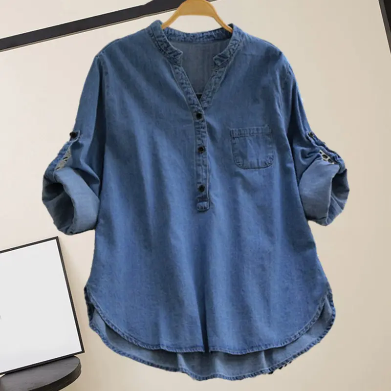 Gonpiny-Áo Sơ Mi Denim Màu Trơn Cho Nữ, Cổ Đứng Nhỏ, Nút Cổ Chữ V, Đường Viền Cổ Áo, Dài Tay, Dáng Rộng, Vừa Vặn, Áo, Thời Trang Dạo Phố 5